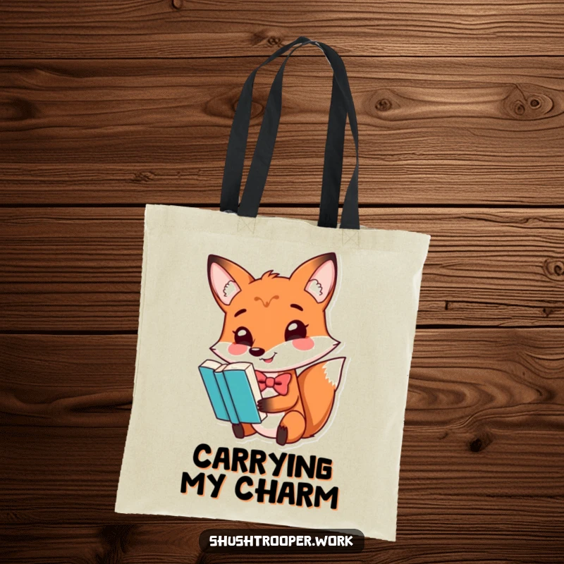 Funny fox wearing a bowtie, balancing a book on its nose, on a chic tote bag.