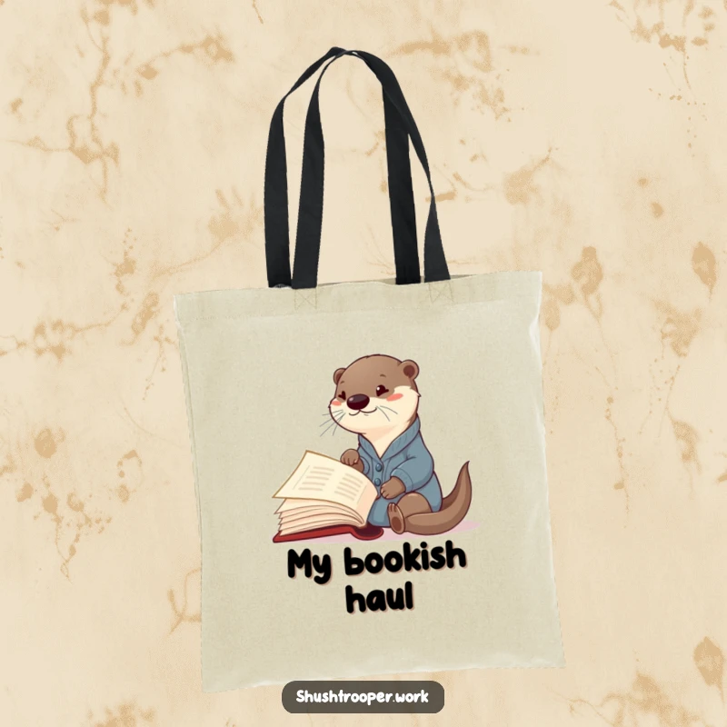 Funny Otter Librarian Tote Bag: A curious otter in a cardigan points excitedly at an open giant book.