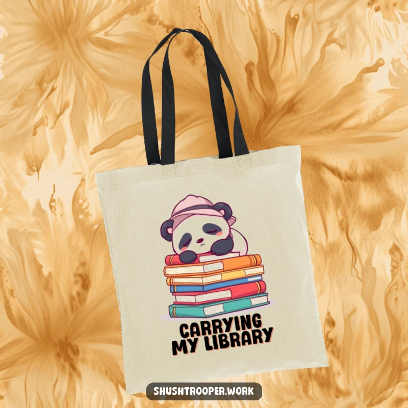 Funny Tote Bag featuring a sleepy panda in a hat snoozing on colorful books, perfect for carrying essentials.