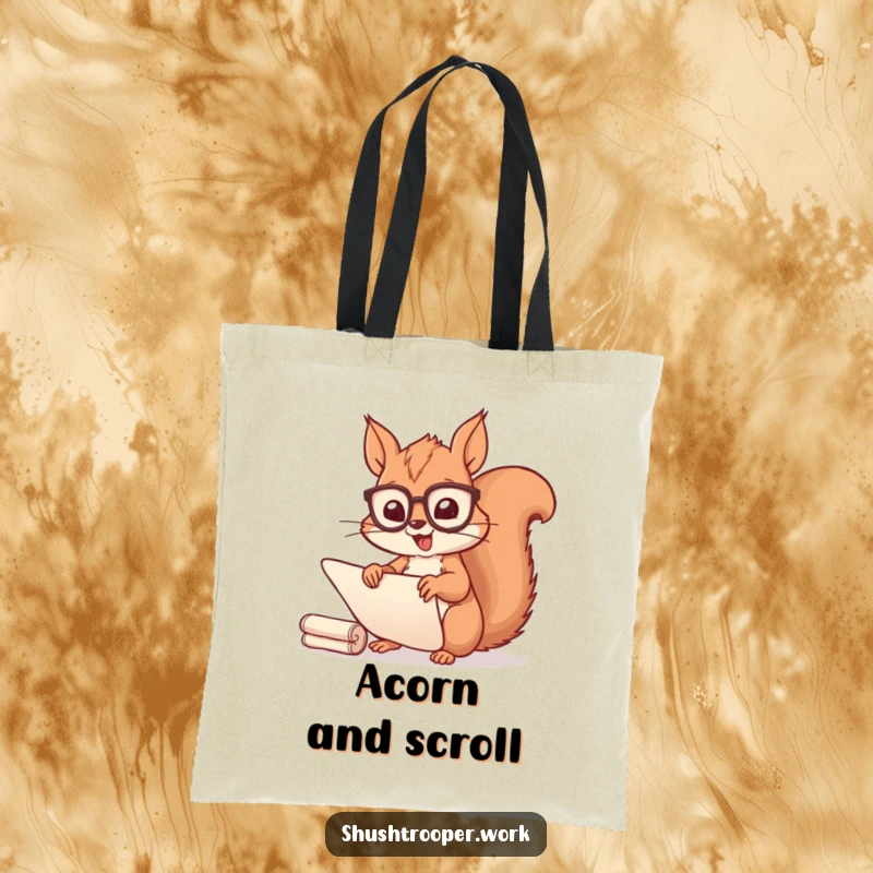 Funny Squirrel Scribe Tote Bag: A cheerful squirrel in spectacles happily sorts scrolls, ready for your essentials.