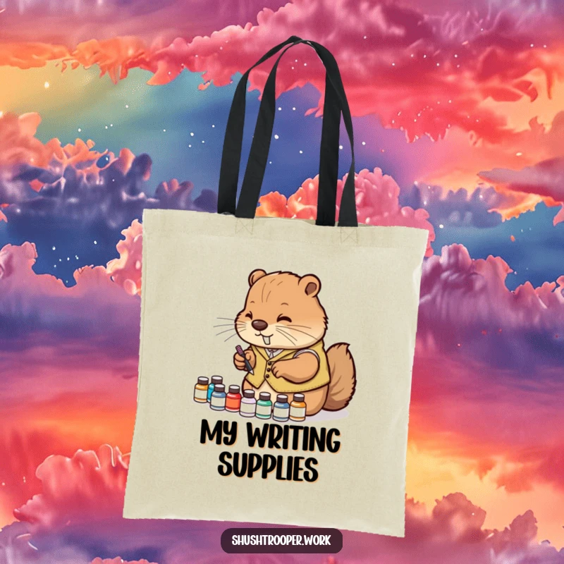 Funny Tote Bag featuring a diligent beaver in a vest organizing tiny ink bottles, perfect for artists.